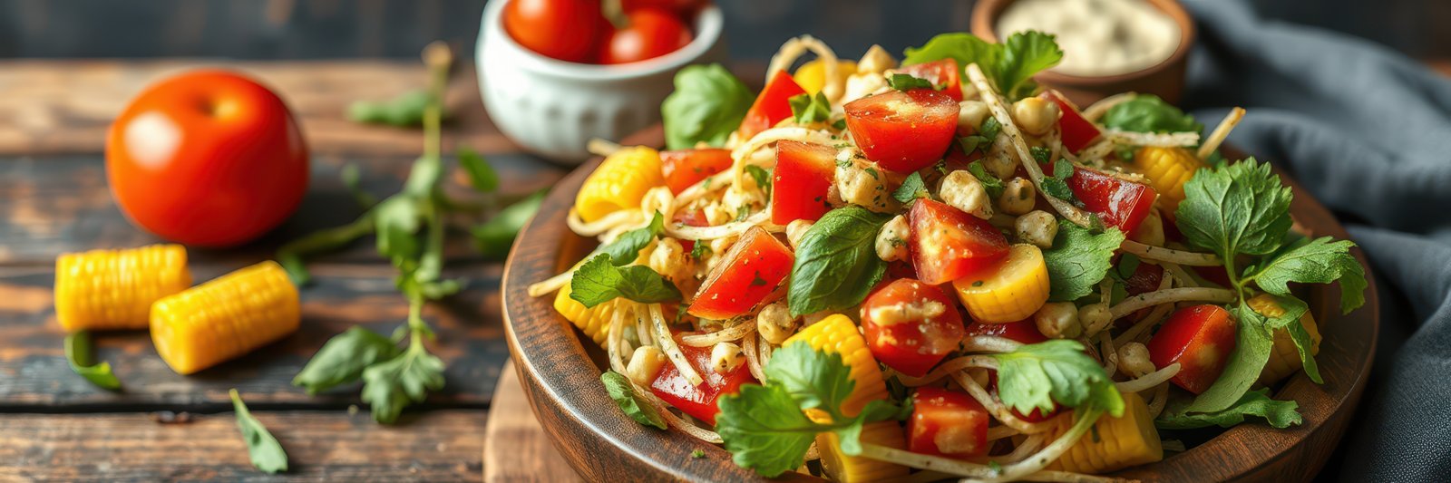 Fresh vegetable salad featuring tomatoes, corn, and chickpeas on a wooden table